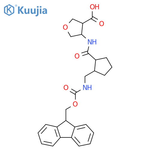 4-{2-({(9H-fluoren-9-yl)methoxycarbonyl}amino)methylcyclopentaneamido}oxolane-3-carboxylic acid structure