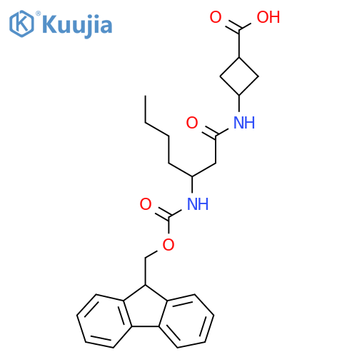 3-3-({(9H-fluoren-9-yl)methoxycarbonyl}amino)heptanamidocyclobutane-1-carboxylic acid structure