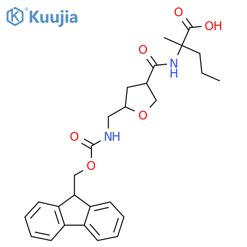 2-({5-({(9H-fluoren-9-yl)methoxycarbonyl}amino)methyloxolan-3-yl}formamido)-2-methylpentanoic acid structure