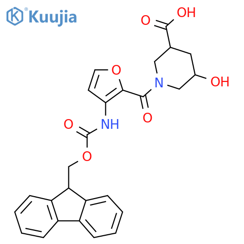 1-3-({(9H-fluoren-9-yl)methoxycarbonyl}amino)furan-2-carbonyl-5-hydroxypiperidine-3-carboxylic acid structure