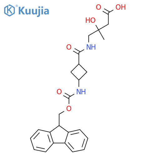 4-{3-({(9H-fluoren-9-yl)methoxycarbonyl}amino)cyclobutylformamido}-3-hydroxy-3-methylbutanoic acid structure
