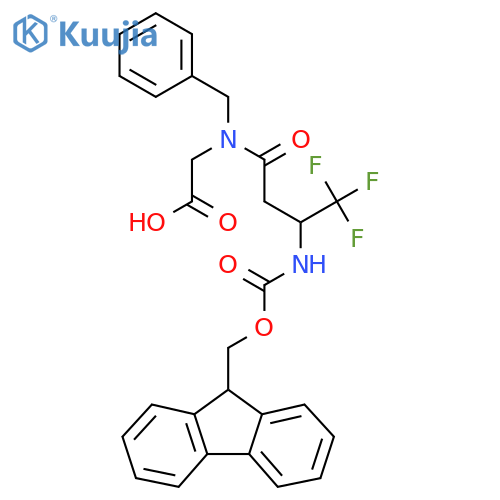 2-N-benzyl-3-({(9H-fluoren-9-yl)methoxycarbonyl}amino)-4,4,4-trifluorobutanamidoacetic acid structure