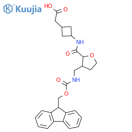 2-(3-{3-({(9H-fluoren-9-yl)methoxycarbonyl}amino)methyloxolane-2-amido}cyclobutyl)acetic acid structure