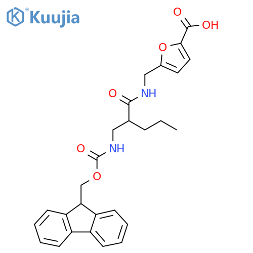 5-({2-({(9H-fluoren-9-yl)methoxycarbonyl}amino)methylpentanamido}methyl)furan-2-carboxylic acid structure
