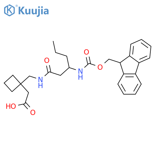 2-(1-{3-({(9H-fluoren-9-yl)methoxycarbonyl}amino)hexanamidomethyl}cyclobutyl)acetic acid structure