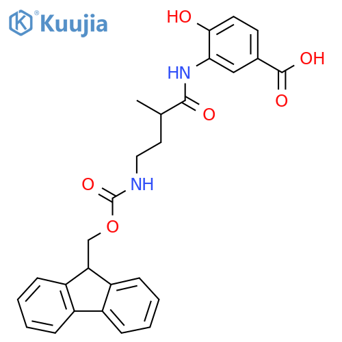 3-4-({(9H-fluoren-9-yl)methoxycarbonyl}amino)-2-methylbutanamido-4-hydroxybenzoic acid structure