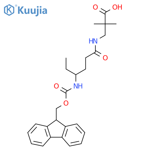 3-4-({(9H-fluoren-9-yl)methoxycarbonyl}amino)hexanamido-2,2-dimethylpropanoic acid structure