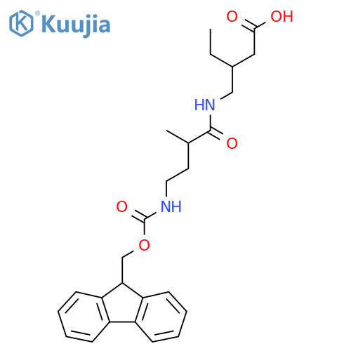 3-{4-({(9H-fluoren-9-yl)methoxycarbonyl}amino)-2-methylbutanamidomethyl}pentanoic acid structure