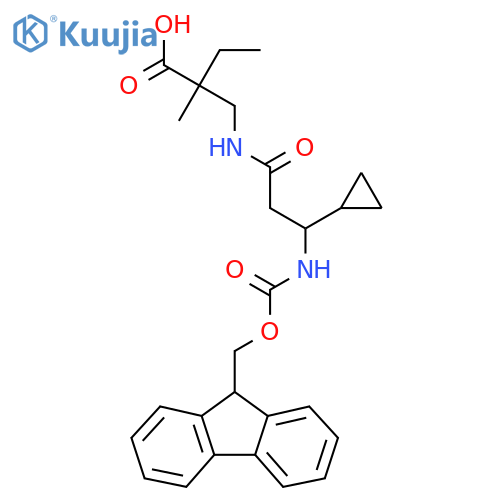 2-{3-cyclopropyl-3-({(9H-fluoren-9-yl)methoxycarbonyl}amino)propanamidomethyl}-2-methylbutanoic acid structure