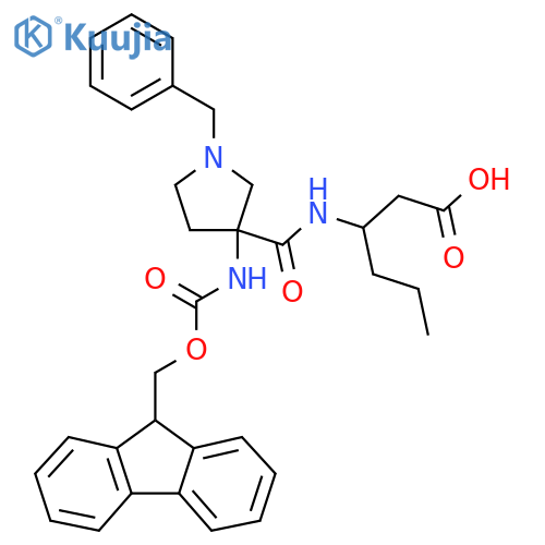 3-{1-benzyl-3-({(9H-fluoren-9-yl)methoxycarbonyl}amino)pyrrolidin-3-ylformamido}hexanoic acid structure