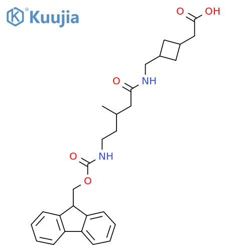 2-(3-{5-({(9H-fluoren-9-yl)methoxycarbonyl}amino)-3-methylpentanamidomethyl}cyclobutyl)acetic acid structure
