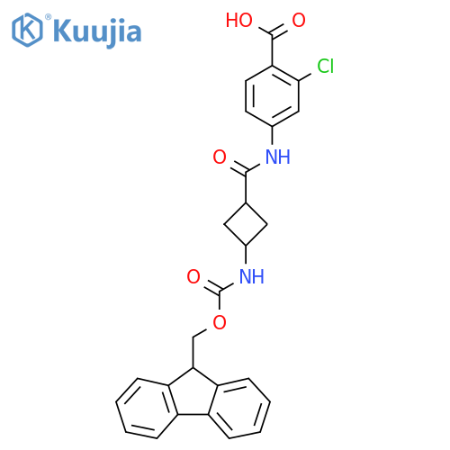 2-chloro-4-3-({(9H-fluoren-9-yl)methoxycarbonyl}amino)cyclobutaneamidobenzoic acid structure
