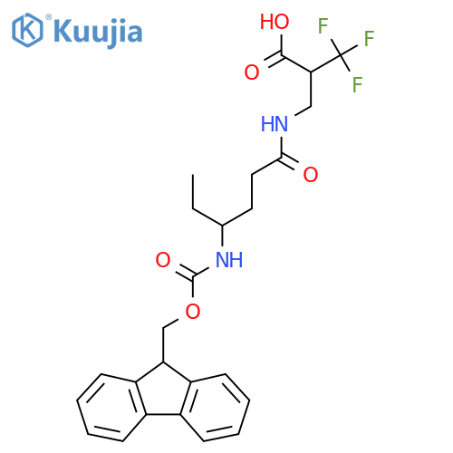 2-{4-({(9H-fluoren-9-yl)methoxycarbonyl}amino)hexanamidomethyl}-3,3,3-trifluoropropanoic acid structure