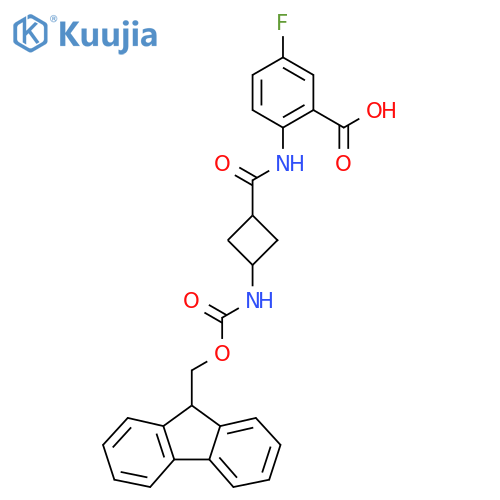 2-3-({(9H-fluoren-9-yl)methoxycarbonyl}amino)cyclobutaneamido-5-fluorobenzoic acid structure