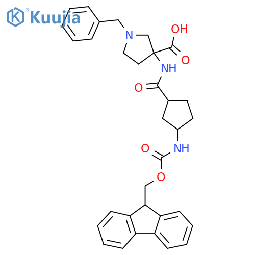 1-benzyl-3-3-({(9H-fluoren-9-yl)methoxycarbonyl}amino)cyclopentaneamidopyrrolidine-3-carboxylic acid structure