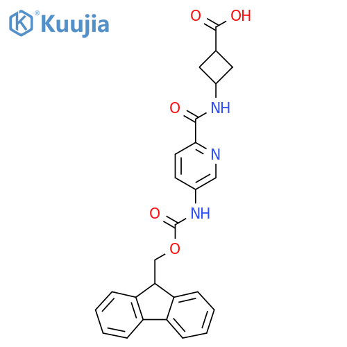 3-5-({(9H-fluoren-9-yl)methoxycarbonyl}amino)pyridine-2-amidocyclobutane-1-carboxylic acid structure