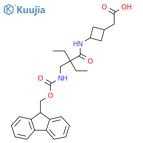 2-(3-{2-ethyl-2-({(9H-fluoren-9-yl)methoxycarbonyl}amino)methylbutanamido}cyclobutyl)acetic acid structure