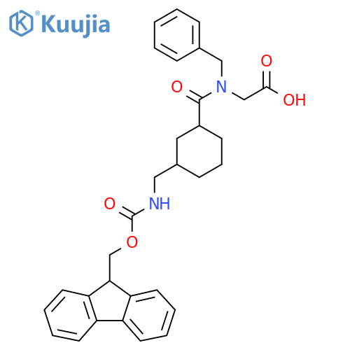 2-(N-benzyl-1-{3-({(9H-fluoren-9-yl)methoxycarbonyl}amino)methylcyclohexyl}formamido)acetic acid structure