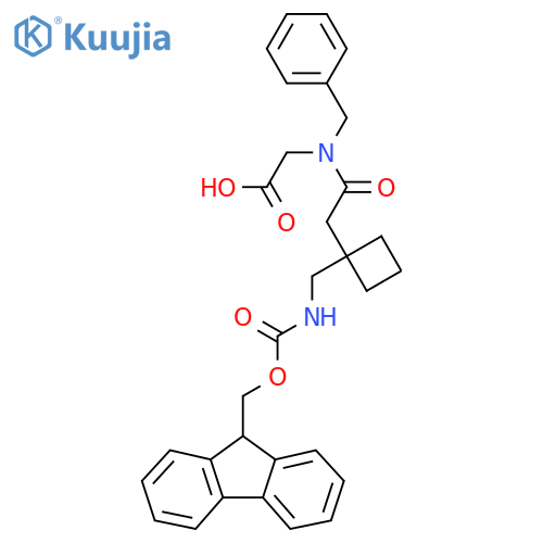 2-(N-benzyl-2-{1-({(9H-fluoren-9-yl)methoxycarbonyl}amino)methylcyclobutyl}acetamido)acetic acid structure