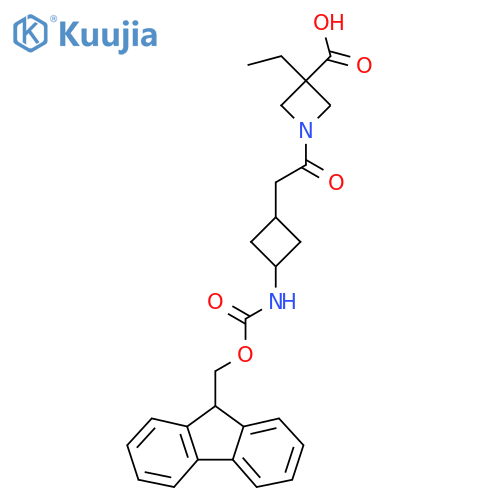 3-ethyl-1-{2-3-({(9H-fluoren-9-yl)methoxycarbonyl}amino)cyclobutylacetyl}azetidine-3-carboxylic acid structure