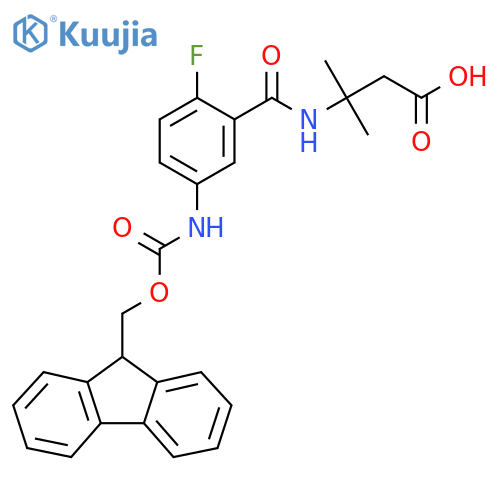 3-{5-({(9H-fluoren-9-yl)methoxycarbonyl}amino)-2-fluorophenylformamido}-3-methylbutanoic acid structure