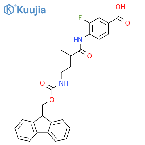4-4-({(9H-fluoren-9-yl)methoxycarbonyl}amino)-2-methylbutanamido-3-fluorobenzoic acid structure