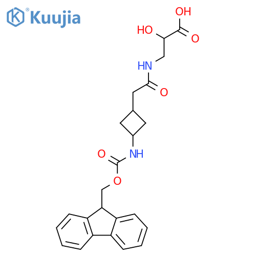 3-{2-3-({(9H-fluoren-9-yl)methoxycarbonyl}amino)cyclobutylacetamido}-2-hydroxypropanoic acid structure
