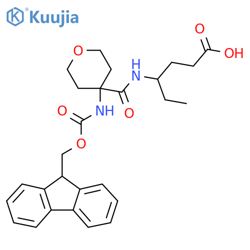 4-{4-({(9H-fluoren-9-yl)methoxycarbonyl}amino)oxan-4-ylformamido}hexanoic acid structure