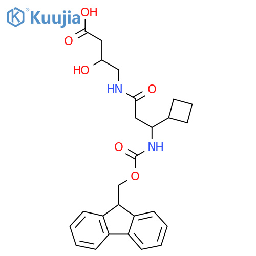 4-3-cyclobutyl-3-({(9H-fluoren-9-yl)methoxycarbonyl}amino)propanamido-3-hydroxybutanoic acid structure