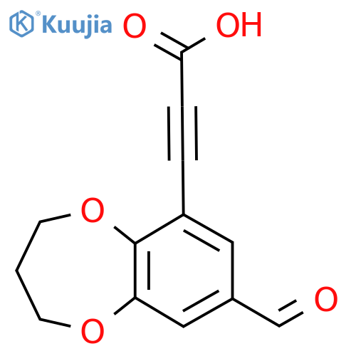 3-(8-formyl-3,4-dihydro-2H-1,5-benzodioxepin-6-yl)prop-2-ynoic acid structure
