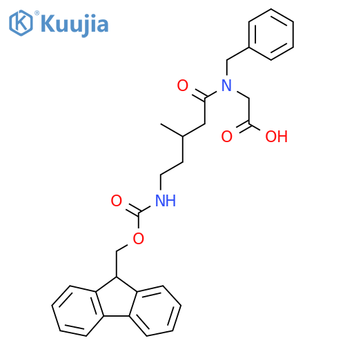 2-N-benzyl-5-({(9H-fluoren-9-yl)methoxycarbonyl}amino)-3-methylpentanamidoacetic acid structure