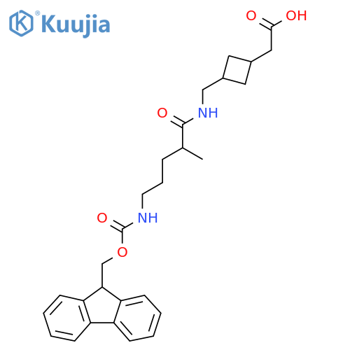 2-(3-{5-({(9H-fluoren-9-yl)methoxycarbonyl}amino)-2-methylpentanamidomethyl}cyclobutyl)acetic acid structure