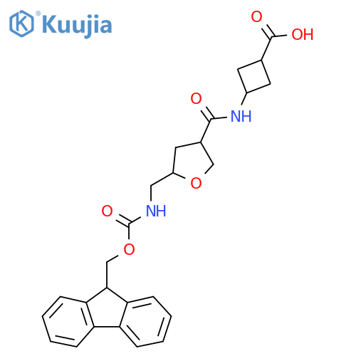 3-{5-({(9H-fluoren-9-yl)methoxycarbonyl}amino)methyloxolane-3-amido}cyclobutane-1-carboxylic acid structure