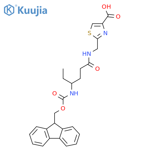 2-{4-({(9H-fluoren-9-yl)methoxycarbonyl}amino)hexanamidomethyl}-1,3-thiazole-4-carboxylic acid structure