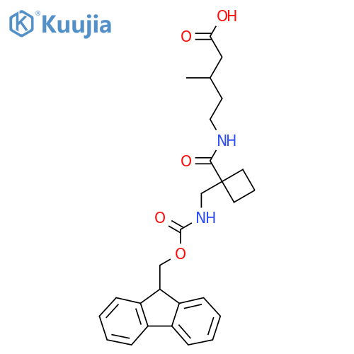 5-({1-({(9H-fluoren-9-yl)methoxycarbonyl}amino)methylcyclobutyl}formamido)-3-methylpentanoic acid structure