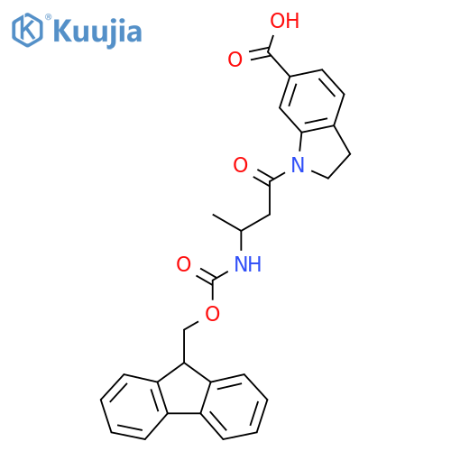 1-3-({(9H-fluoren-9-yl)methoxycarbonyl}amino)butanoyl-2,3-dihydro-1H-indole-6-carboxylic acid structure