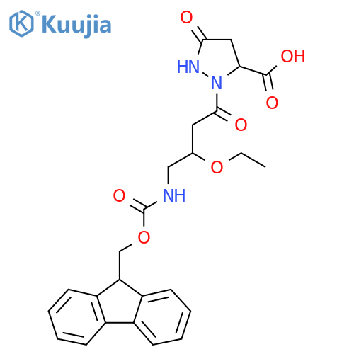 2-3-ethoxy-4-({(9H-fluoren-9-yl)methoxycarbonyl}amino)butanoyl-5-oxopyrazolidine-3-carboxylic acid structure
