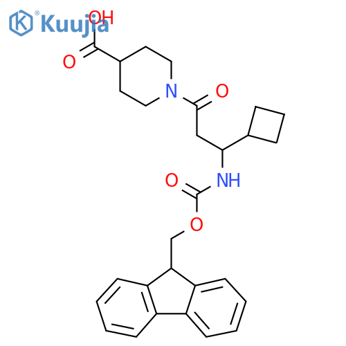 1-3-cyclobutyl-3-({(9H-fluoren-9-yl)methoxycarbonyl}amino)propanoylpiperidine-4-carboxylic acid structure