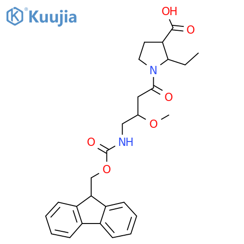 2-ethyl-1-4-({(9H-fluoren-9-yl)methoxycarbonyl}amino)-3-methoxybutanoylpyrrolidine-3-carboxylic acid structure