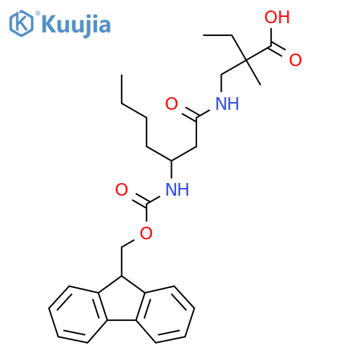 2-{3-({(9H-fluoren-9-yl)methoxycarbonyl}amino)heptanamidomethyl}-2-methylbutanoic acid structure