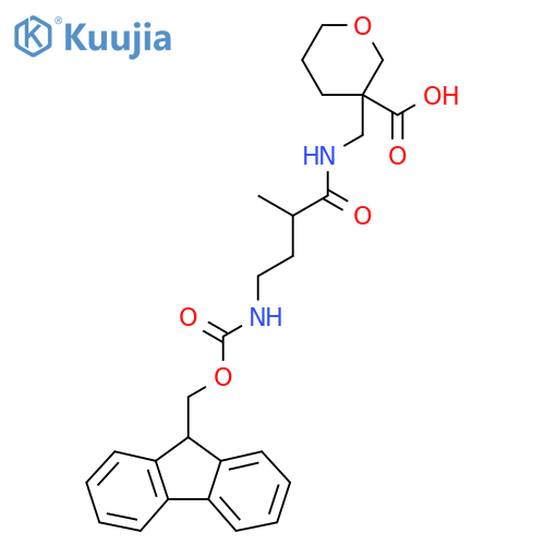 3-{4-({(9H-fluoren-9-yl)methoxycarbonyl}amino)-2-methylbutanamidomethyl}oxane-3-carboxylic acid structure