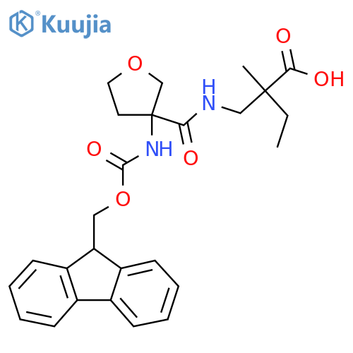 2-({3-({(9H-fluoren-9-yl)methoxycarbonyl}amino)oxolan-3-ylformamido}methyl)-2-methylbutanoic acid structure