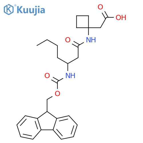 2-{1-3-({(9H-fluoren-9-yl)methoxycarbonyl}amino)heptanamidocyclobutyl}acetic acid structure