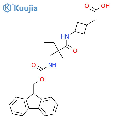 2-(3-{2-({(9H-fluoren-9-yl)methoxycarbonyl}amino)methyl-2-methylbutanamido}cyclobutyl)acetic acid structure