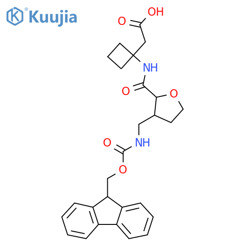 2-(1-{3-({(9H-fluoren-9-yl)methoxycarbonyl}amino)methyloxolane-2-amido}cyclobutyl)acetic acid structure
