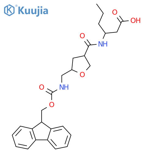 3-({5-({(9H-fluoren-9-yl)methoxycarbonyl}amino)methyloxolan-3-yl}formamido)hexanoic acid structure