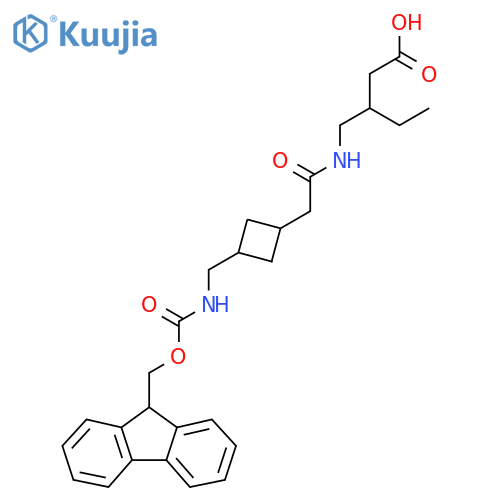 3-(2-{3-({(9H-fluoren-9-yl)methoxycarbonyl}amino)methylcyclobutyl}acetamido)methylpentanoic acid structure