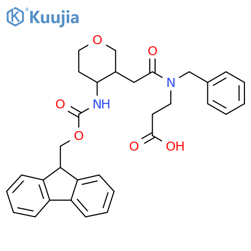 3-{N-benzyl-2-4-({(9H-fluoren-9-yl)methoxycarbonyl}amino)oxan-3-ylacetamido}propanoic acid structure