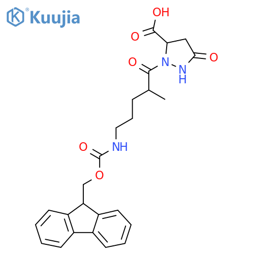 2-5-({(9H-fluoren-9-yl)methoxycarbonyl}amino)-2-methylpentanoyl-5-oxopyrazolidine-3-carboxylic acid structure
