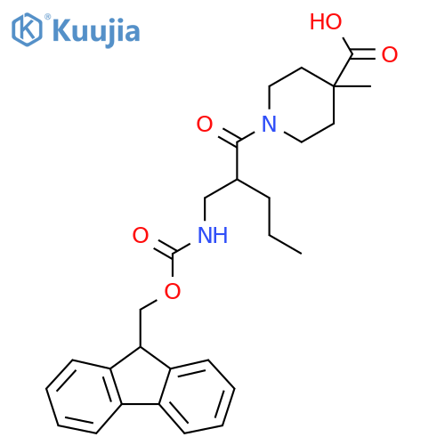 1-{2-({(9H-fluoren-9-yl)methoxycarbonyl}amino)methylpentanoyl}-4-methylpiperidine-4-carboxylic acid structure